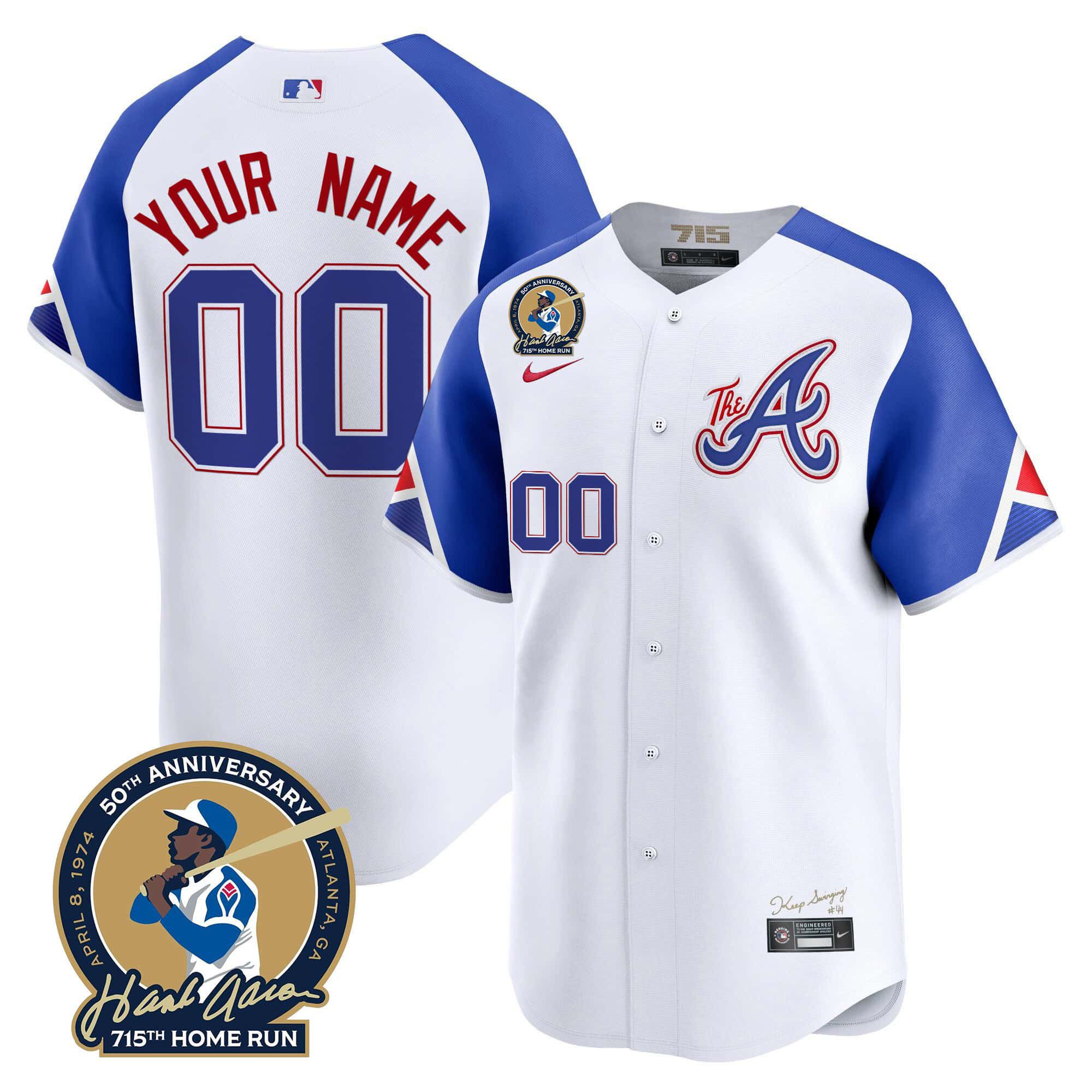 Men Atlanta Braves White 2024 Nike Hank Aaron 715th Home Run Patch Vapor Premier Limited Custom MLB Jersey style 1